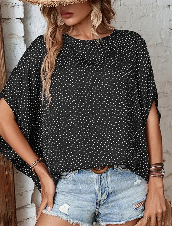Discount Women's Shirt Blouse Casual Polka Dot Print Batwing Sleeve Short Sleeve Regular Tops Crew Neck Daily Summer Women Blouses & Shirts