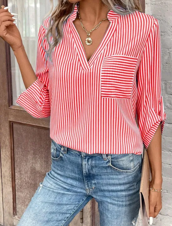 Clearance Women's Shirt Blouse Casual Striped Pocket Print Long Sleeve Regular Tops V Neck Daily Black Yellow Red Royal Blue Spring & Summer Women Blouses & Shirts