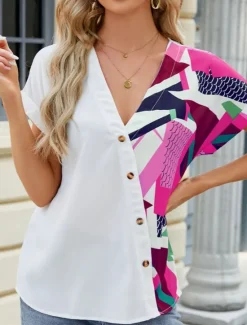 Discount Women's Shirt Blouse Color Block Casual Short Sleeve V Neck Regular Tops Daily Patchwork Buttons Print Blue Fuchsia Green Summer Women Blouses & Shirts