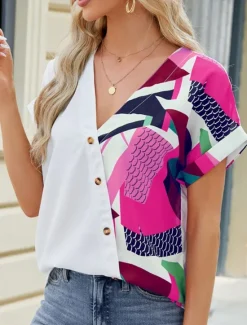 Discount Women's Shirt Blouse Color Block Casual Short Sleeve V Neck Regular Tops Daily Patchwork Buttons Print Blue Fuchsia Green Summer Women Blouses & Shirts