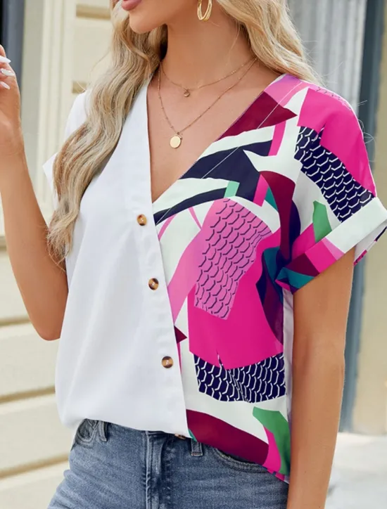 Discount Women's Shirt Blouse Color Block Casual Short Sleeve V Neck Regular Tops Daily Patchwork Buttons Print Blue Fuchsia Green Summer Women Blouses & Shirts