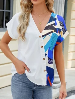 Discount Women's Shirt Blouse Color Block Casual Short Sleeve V Neck Regular Tops Daily Patchwork Buttons Print Blue Fuchsia Green Summer Women Blouses & Shirts