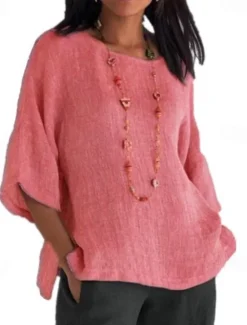 Online Women's Shirt Blouse Cotton Linen Shirts Solid Color Stylish Casual 3/4 Length Sleeve Crew Neck Regular Tops Daily Yellow Pink Gray Summer Spring Women Blouses & Shirts|Shirts