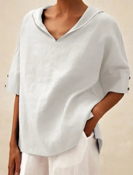 New Women's Shirt Blouse Cotton Linen Shirts Solid Color Basic Casual 3/4 Length Sleeve Hooded Regular Tops Daily Buttons White Blue Summer Women Shirts