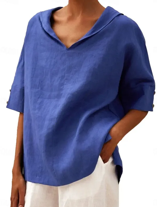 New Women's Shirt Blouse Cotton Linen Shirts Solid Color Basic Casual 3/4 Length Sleeve Hooded Regular Tops Daily Buttons White Blue Summer Women Shirts