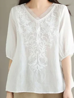 Best Women's Shirt Blouse Cotton Linen Shirts Solid Color Basic Casual 3/4 Length Sleeve V Neck Regular Tops Daily Embroidered White Yellow Pink Purple Summer Spring Women Shirts