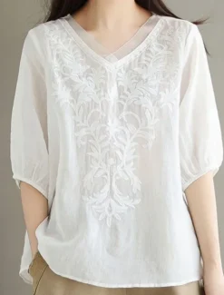 Best Women's Shirt Blouse Cotton Linen Shirts Solid Color Basic Casual 3/4 Length Sleeve V Neck Regular Tops Daily Embroidered White Yellow Pink Purple Summer Spring Women Shirts