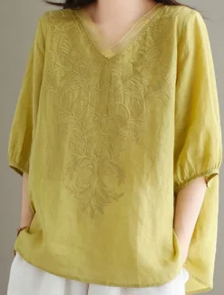 Best Women's Shirt Blouse Cotton Linen Shirts Solid Color Basic Casual 3/4 Length Sleeve V Neck Regular Tops Daily Embroidered White Yellow Pink Purple Summer Spring Women Shirts