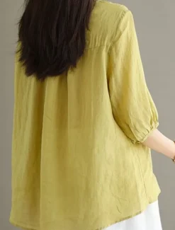 Best Women's Shirt Blouse Cotton Linen Shirts Solid Color Basic Casual 3/4 Length Sleeve V Neck Regular Tops Daily Embroidered White Yellow Pink Purple Summer Spring Women Shirts
