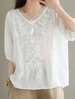 Best Women's Shirt Blouse Cotton Linen Shirts Solid Color Basic Casual 3/4 Length Sleeve V Neck Regular Tops Daily Embroidered White Yellow Pink Purple Summer Spring Women Shirts