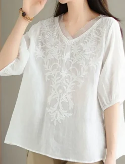 Best Women's Shirt Blouse Cotton Linen Shirts Solid Color Basic Casual 3/4 Length Sleeve V Neck Regular Tops Daily Embroidered White Yellow Pink Purple Summer Spring Women Shirts