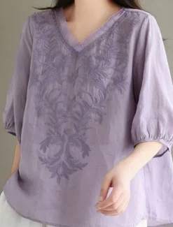 Best Women's Shirt Blouse Cotton Linen Shirts Solid Color Basic Casual 3/4 Length Sleeve V Neck Regular Tops Daily Embroidered White Yellow Pink Purple Summer Spring Women Shirts