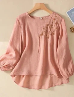Online Women's Shirt Blouse Cotton Linen Shirts Solid Color Basic Casual Long Sleeve Crew Neck Regular Tops Daily Embroidered White Pink Fuchsia Green Summer Spring Women Shirts
