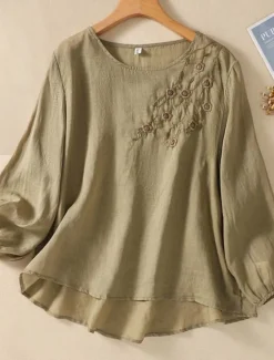 Online Women's Shirt Blouse Cotton Linen Shirts Solid Color Basic Casual Long Sleeve Crew Neck Regular Tops Daily Embroidered White Pink Fuchsia Green Summer Spring Women Shirts