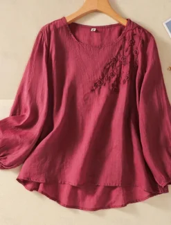 Online Women's Shirt Blouse Cotton Linen Shirts Solid Color Basic Casual Long Sleeve Crew Neck Regular Tops Daily Embroidered White Pink Fuchsia Green Summer Spring Women Shirts