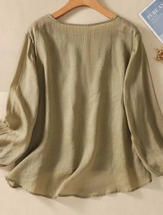 Online Women's Shirt Blouse Cotton Linen Shirts Solid Color Basic Casual Long Sleeve Crew Neck Regular Tops Daily Embroidered White Pink Fuchsia Green Summer Spring Women Shirts