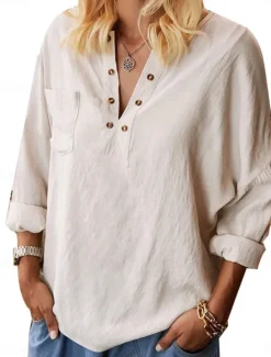 Sale Women's Shirt Blouse Cotton Linen Shirts Solid Color Elegant Stylish Casual Long Sleeve V Neck Regular Tops Daily Holiday Going out Buttons Summer Spring Fall Women Shirts