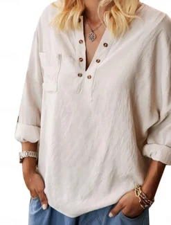 Sale Women's Shirt Blouse Cotton Linen Shirts Solid Color Elegant Stylish Casual Long Sleeve V Neck Regular Tops Daily Holiday Going out Buttons Summer Spring Fall Women Shirts