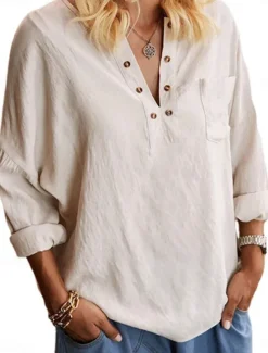 Sale Women's Shirt Blouse Cotton Linen Shirts Solid Color Elegant Stylish Casual Long Sleeve V Neck Regular Tops Daily Holiday Going out Buttons Summer Spring Fall Women Shirts