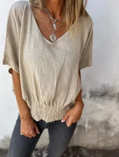 Clearance Women's Shirt Blouse Cotton Linen Shirts Solid Color Basic Casual Short Sleeve V Neck Regular Tops Daily Ruched White Brown Beige Summer Spring Women Shirts