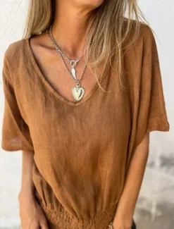 Clearance Women's Shirt Blouse Cotton Linen Shirts Solid Color Basic Casual Short Sleeve V Neck Regular Tops Daily Ruched White Brown Beige Summer Spring Women Shirts