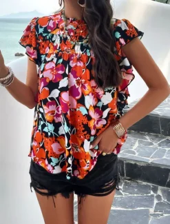 New Women's Shirt Blouse Cotton Linen Shirts Floral Stylish Casual Short Sleeve Turtleneck Regular Tops Daily Ruffle Print Black Beige Summer Women Shirts|Spring Tops