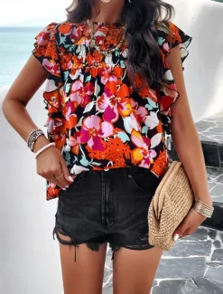 New Women's Shirt Blouse Cotton Linen Shirts Floral Stylish Casual Short Sleeve Turtleneck Regular Tops Daily Ruffle Print Black Beige Summer Women Shirts|Spring Tops