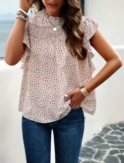 New Women's Shirt Blouse Cotton Linen Shirts Floral Stylish Casual Short Sleeve Turtleneck Regular Tops Daily Ruffle Print Black Beige Summer Women Shirts|Spring Tops