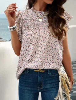 New Women's Shirt Blouse Cotton Linen Shirts Floral Stylish Casual Short Sleeve Turtleneck Regular Tops Daily Ruffle Print Black Beige Summer Women Shirts|Spring Tops
