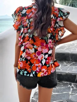 New Women's Shirt Blouse Cotton Linen Shirts Floral Stylish Casual Short Sleeve Turtleneck Regular Tops Daily Ruffle Print Black Beige Summer Women Shirts|Spring Tops