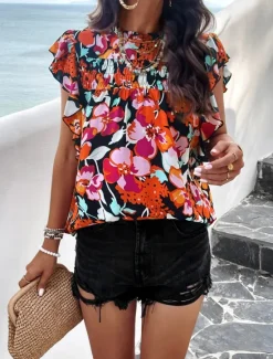 New Women's Shirt Blouse Cotton Linen Shirts Floral Stylish Casual Short Sleeve Turtleneck Regular Tops Daily Ruffle Print Black Beige Summer Women Shirts|Spring Tops