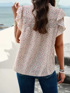 New Women's Shirt Blouse Cotton Linen Shirts Floral Stylish Casual Short Sleeve Turtleneck Regular Tops Daily Ruffle Print Black Beige Summer Women Shirts|Spring Tops