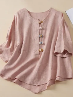 New Women's Shirt Blouse Cotton Linen Shirts Solid Color Basic Casual 3/4 Length Sleeve Crew Neck Regular Tops Daily Buttons Pink Blue Summer Women Blouses & Shirts|Shirts