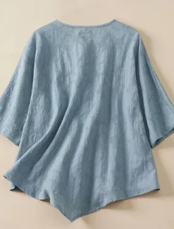 New Women's Shirt Blouse Cotton Linen Shirts Solid Color Basic Casual 3/4 Length Sleeve Crew Neck Regular Tops Daily Buttons Pink Blue Summer Women Blouses & Shirts|Shirts