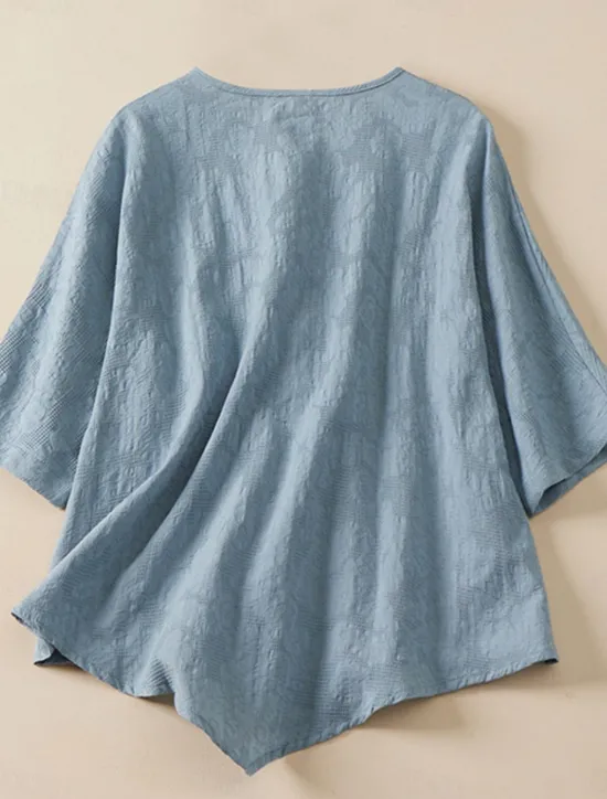 New Women's Shirt Blouse Cotton Linen Shirts Solid Color Basic Casual 3/4 Length Sleeve Crew Neck Regular Tops Daily Buttons Pink Blue Summer Women Blouses & Shirts|Shirts