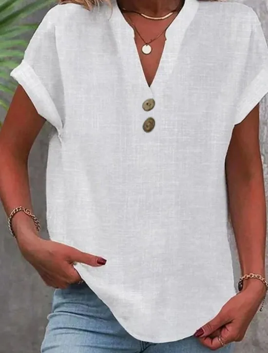 Clearance Women's Shirt Blouse Cotton Linen Shirts Solid Color Basic Casual Short Sleeve V Neck Regular Tops Work Daily Buttons Summer Women Shirts