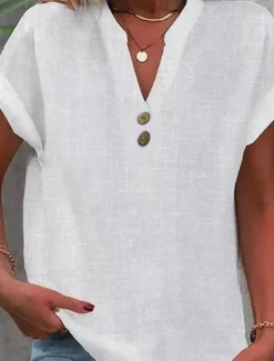 Clearance Women's Shirt Blouse Cotton Linen Shirts Solid Color Basic Casual Short Sleeve V Neck Regular Tops Work Daily Buttons Summer Women Shirts