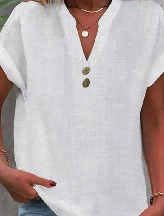 Clearance Women's Shirt Blouse Cotton Linen Shirts Solid Color Basic Casual Short Sleeve V Neck Regular Tops Work Daily Buttons Summer Women Shirts