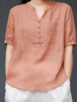 Women's Shirt Blouse Cotton Linen Shirts Solid Color Basic Casual Short Sleeve Notched Neck Regular Tops Daily Buttons Pocket Navy Blue Orange Summer Spring Women Shirts