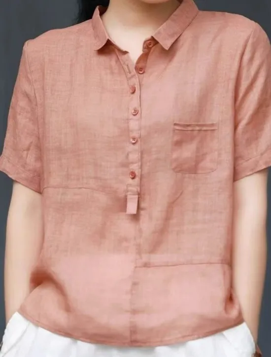 Women's Shirt Blouse Cotton Linen Shirts Solid Color Basic Casual Short Sleeve Notched Neck Regular Tops Daily Buttons Pocket Navy Blue Orange Summer Spring Women Shirts