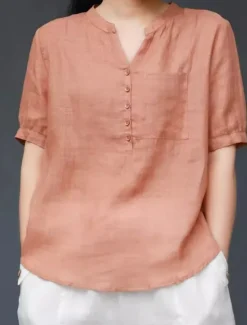 Women's Shirt Blouse Cotton Linen Shirts Solid Color Basic Casual Short Sleeve Notched Neck Regular Tops Daily Buttons Pocket Navy Blue Orange Summer Spring Women Shirts