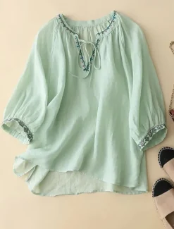 Best Women's Shirt Blouse Cotton Linen Shirts Plain Fashion V Neck Street Daily Embroidered White Light Green Pink Summer Women Shirts