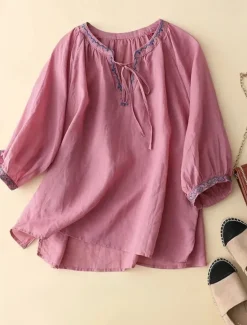 Best Women's Shirt Blouse Cotton Linen Shirts Plain Fashion V Neck Street Daily Embroidered White Light Green Pink Summer Women Shirts