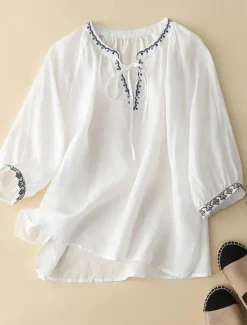 Best Women's Shirt Blouse Cotton Linen Shirts Plain Fashion V Neck Street Daily Embroidered White Light Green Pink Summer Women Shirts