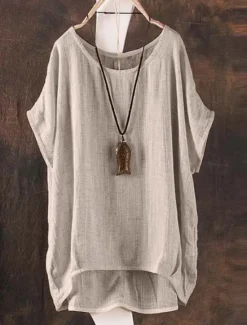 Discount Women's Shirt Blouse Cotton Linen Shirts Solid Color Basic Casual Half Sleeve Crew Neck Regular Tops Daily Pink Green Khaki Summer Women Shirts