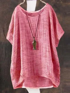 Discount Women's Shirt Blouse Cotton Linen Shirts Solid Color Basic Casual Half Sleeve Crew Neck Regular Tops Daily Pink Green Khaki Summer Women Shirts