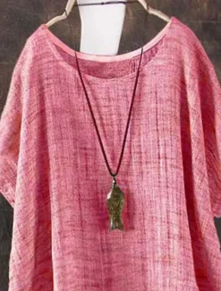 Discount Women's Shirt Blouse Cotton Linen Shirts Solid Color Basic Casual Half Sleeve Crew Neck Regular Tops Daily Pink Green Khaki Summer Women Shirts