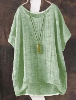 Discount Women's Shirt Blouse Cotton Linen Shirts Solid Color Basic Casual Half Sleeve Crew Neck Regular Tops Daily Pink Green Khaki Summer Women Shirts