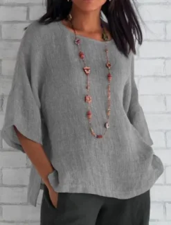 Online Women's Shirt Blouse Cotton Linen Shirts Solid Color Basic Casual 3/4 Length Sleeve Crew Neck Regular Tops Daily Grass Green Black White Light Green Pink Summer Women Shirts|Blouses & Shirts