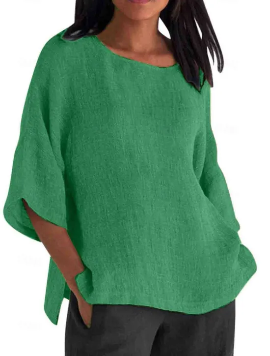 Online Women's Shirt Blouse Cotton Linen Shirts Solid Color Basic Casual 3/4 Length Sleeve Crew Neck Regular Tops Daily Grass Green Black White Light Green Pink Summer Women Shirts|Blouses & Shirts